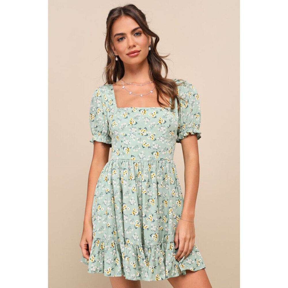Lulus Delightful Aura Sage Floral Print Puff Sleeve Tiered Mini Dress Green